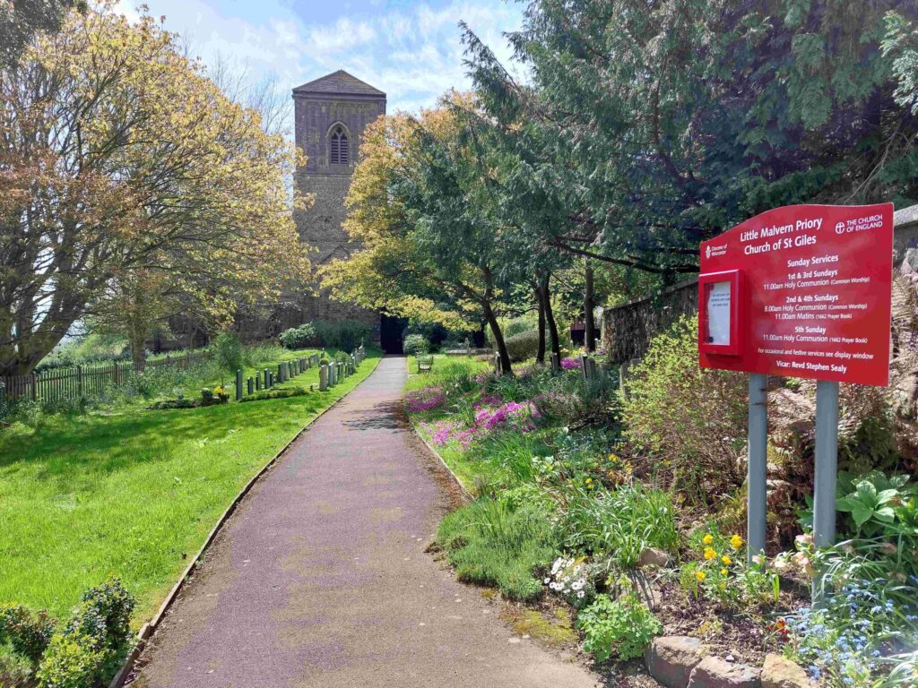 View through the churchyard to Little Malvern Priory